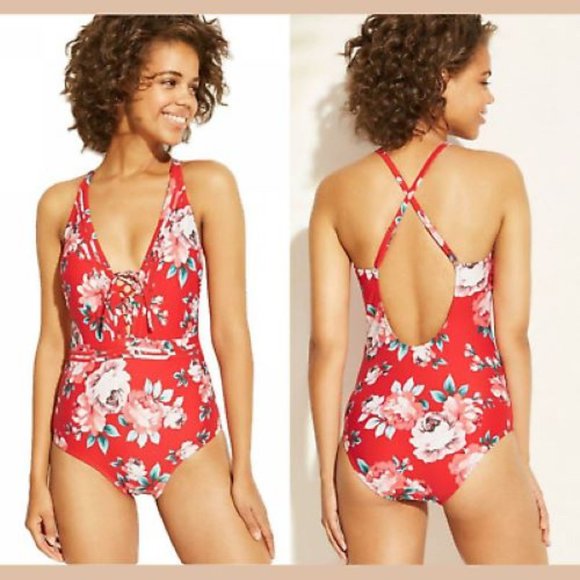 Kona Sol Other - Kona Sol Women's Red Floral Swimsuit Size M